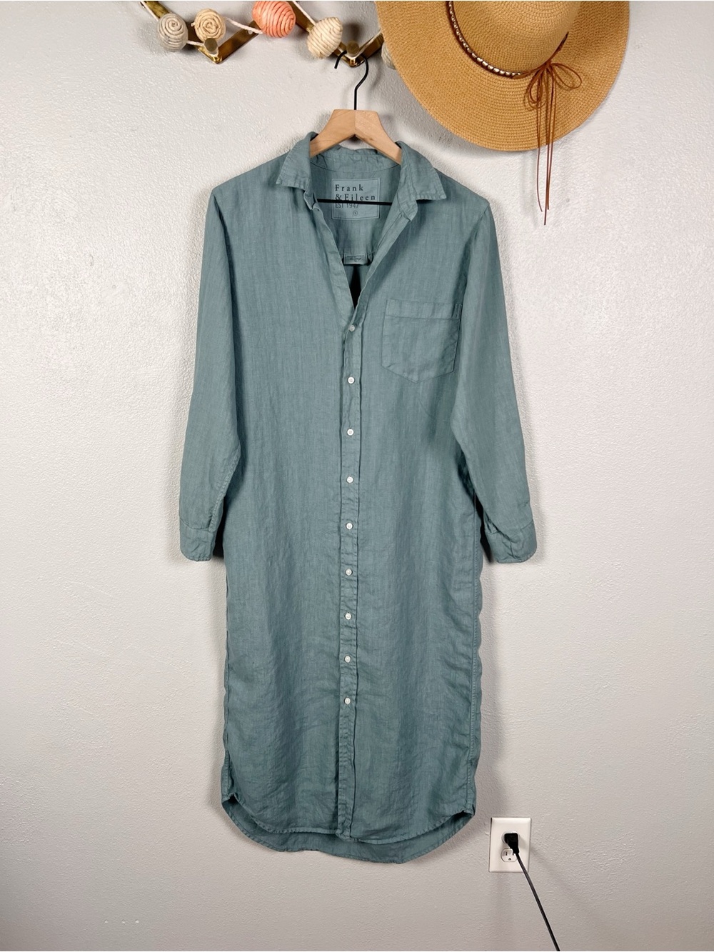 Frank & Eileen Rory Maxi Shirt Dress Eucalyptus Washed Linen Size Small - Picture 2 of 8